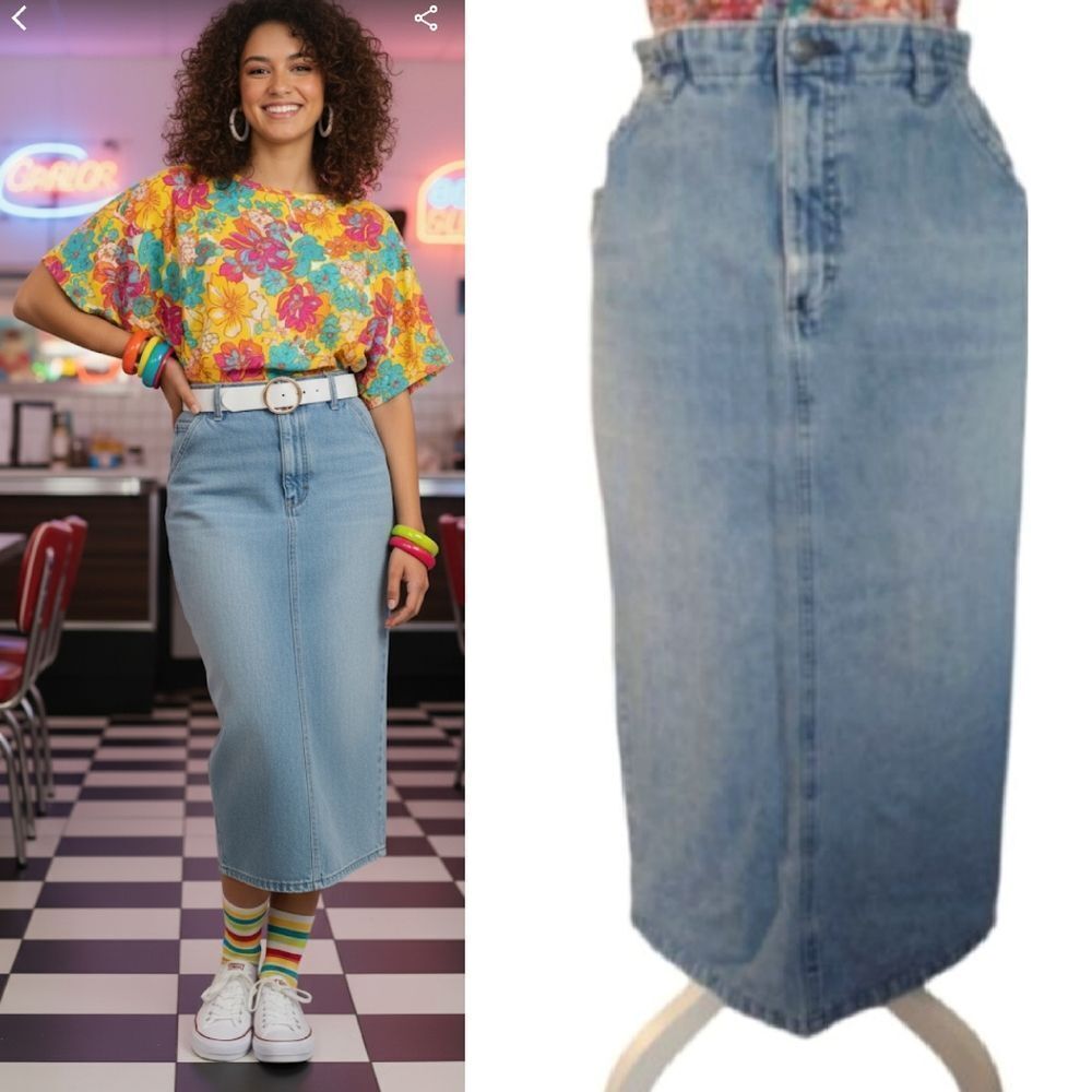 VTG 80s Lee Distressed High Rise Midi Pencil Jean Skirt Size 12 *Fits like Small
